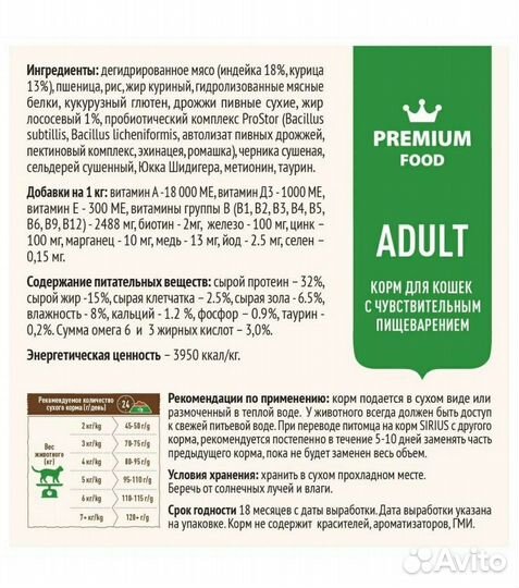 Корм sirius д/кошек с чувствительным пищеварением