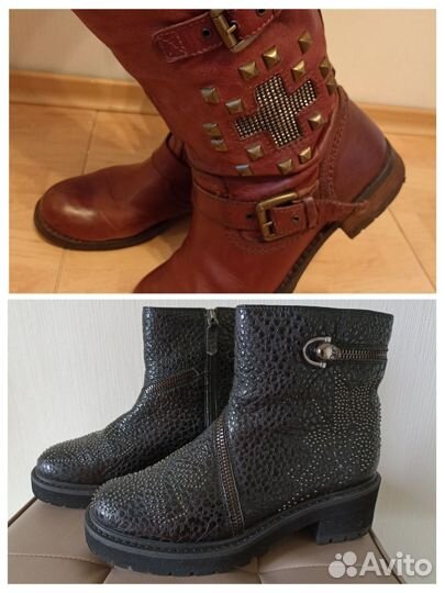 П/сапог рыжий + черные, 40 размер, кожа,б/у