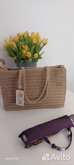 Сумка шоппер летняя джутовая вязаная крючком