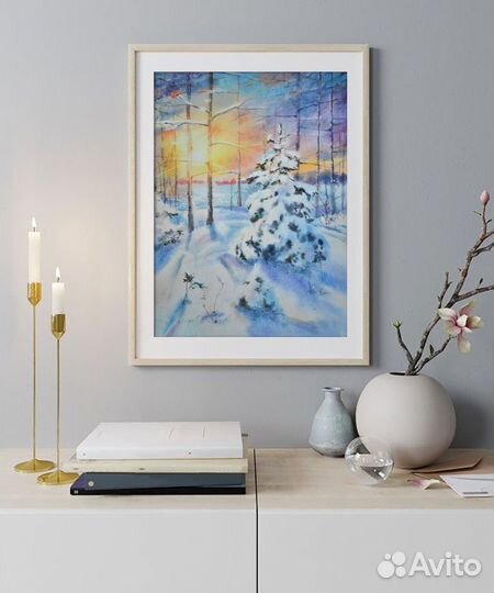 Картина Закат в зимнем лесу пейзаж акварелью
