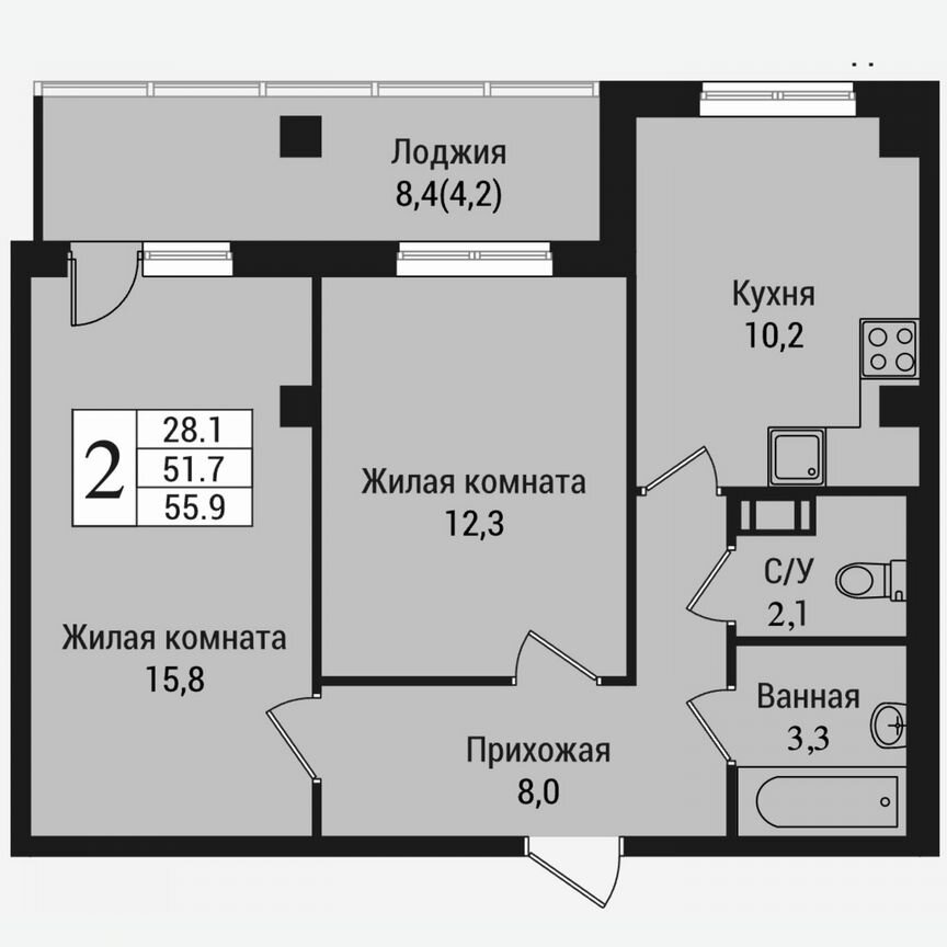 2-к. квартира, 60,1 м², 3/15 эт.