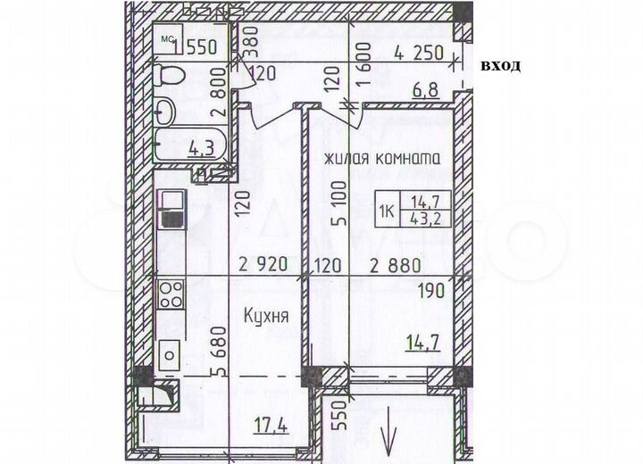 1-к. квартира, 43 м², 4/5 эт.