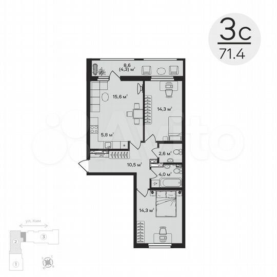 3-к. квартира, 71,4 м², 3/12 эт.