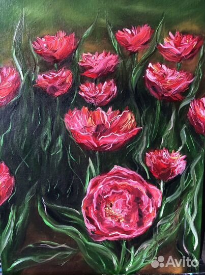 Картина маслом. Тюльпаны в саду