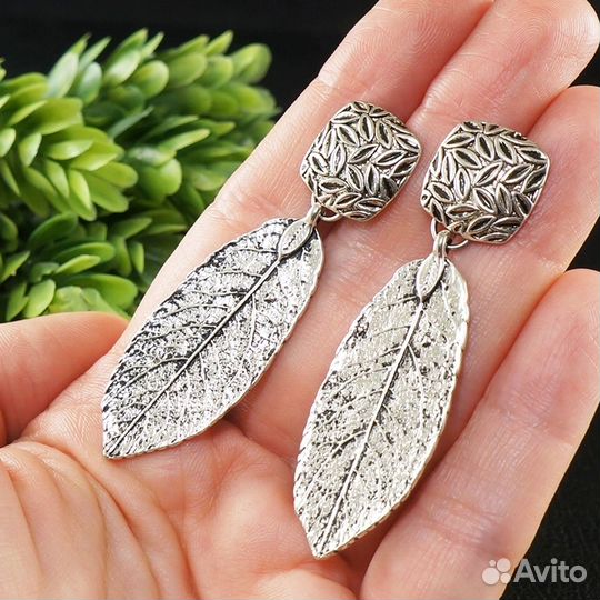 Серьги Листья Листики Листочки Лесные Серебристые