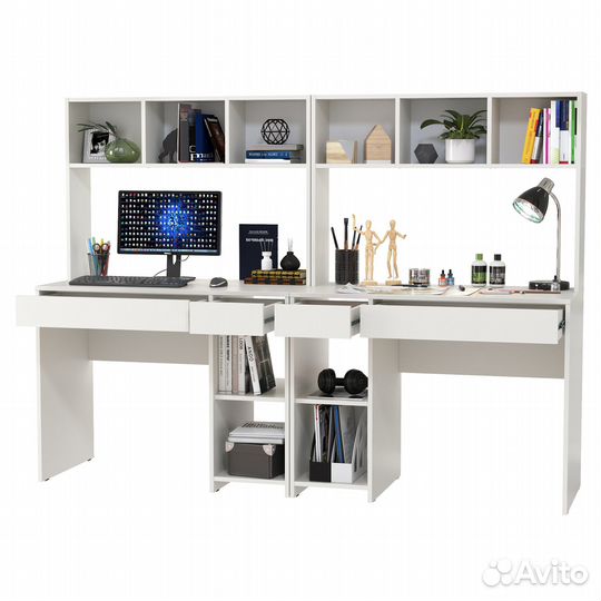 Два компьютерных стола Mobi Комфорт 12.77F цвет белый шагрень, 200х49,8х147 см, ун.сб