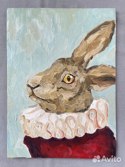 Картина маслом Кролик в жабо 20х15