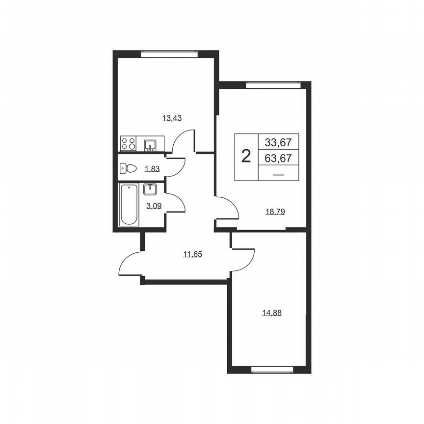 2-к. квартира, 63,7 м², 2/19 эт.