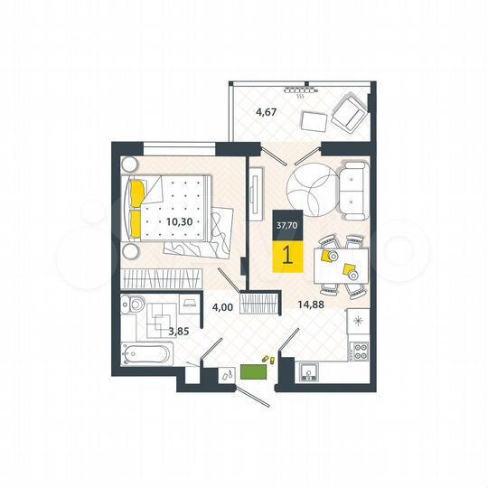 1-к. квартира, 37,7 м², 2/8 эт.