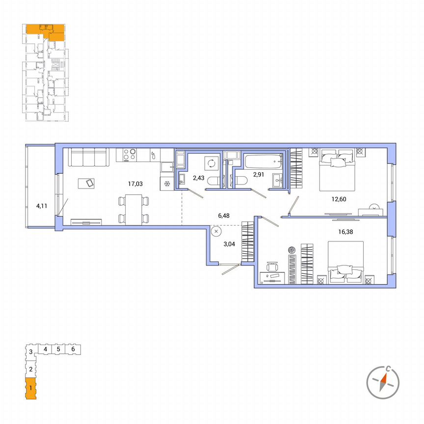 2-к. квартира, 62,1 м², 4/7 эт.