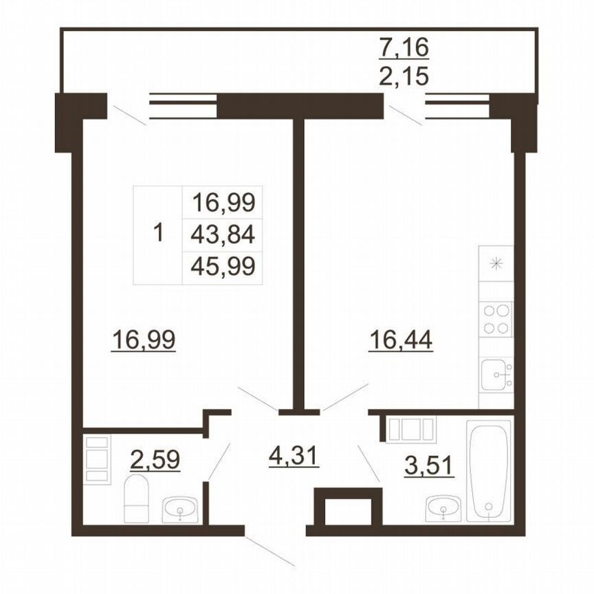 1-к. квартира, 46 м², 2/6 эт.