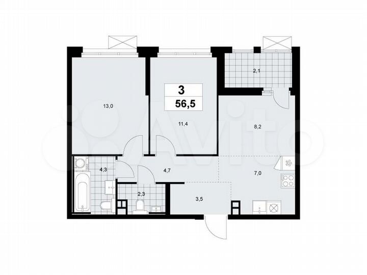 3-к. квартира, 56,3 м², 4/17 эт.