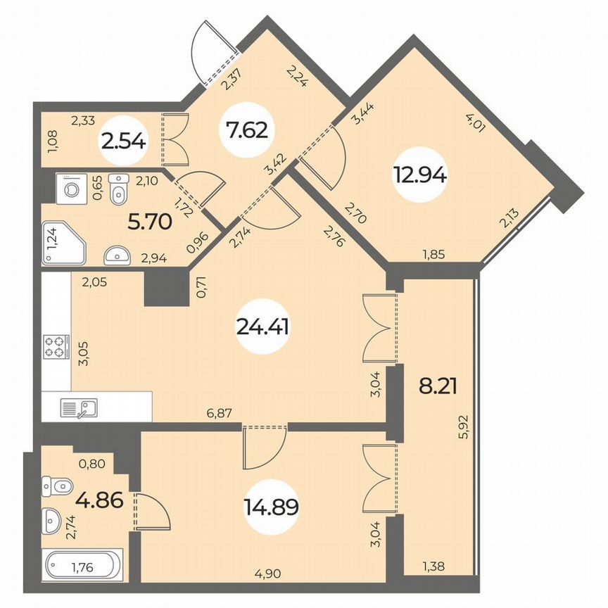 2-к. квартира, 74 м², 19/24 эт.