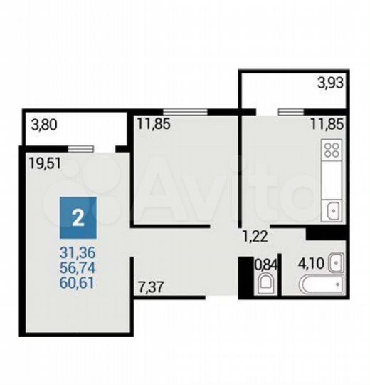 2-к. квартира, 60,6 м², 7/16 эт.