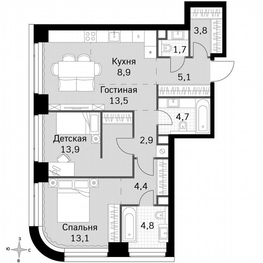 2-к. квартира, 76,8 м², 6/49 эт.
