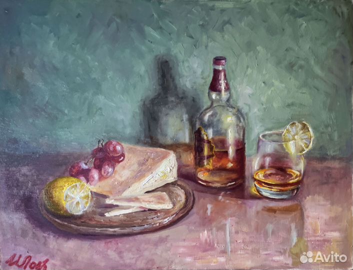 Картина маслом Натюрморт с виски и сыром