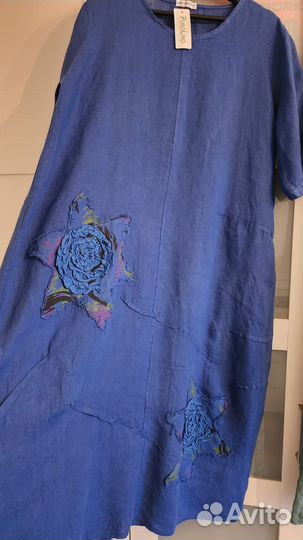 Новое Платье р.46-52 Италия Лен Синий Бирюз