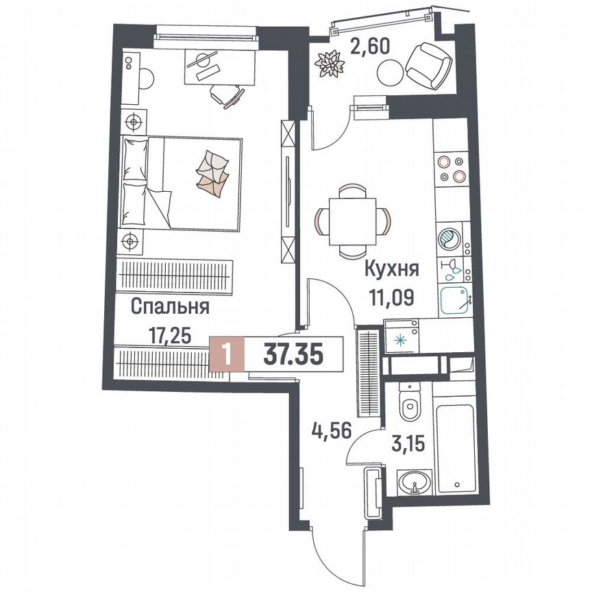1-к. квартира, 37,4 м², 15/18 эт.