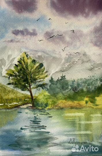 Картина акварелью пейзаж «Горная сосна» 20х31