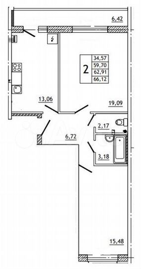 2-к. квартира, 66,1 м², 1/10 эт.