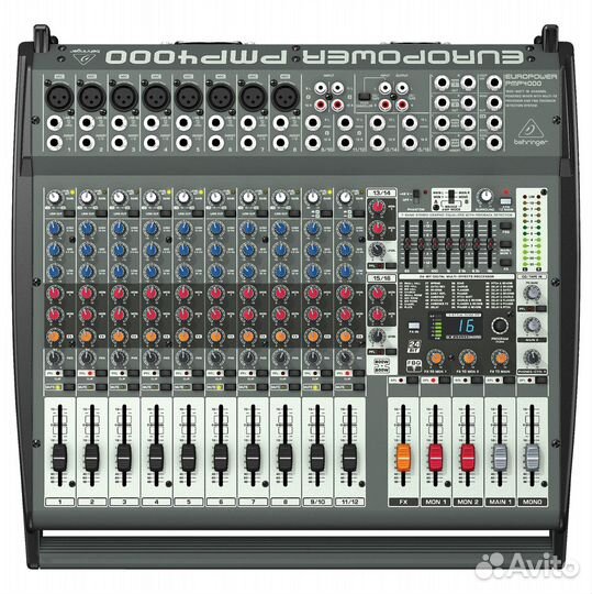 Behringer PMP4000, микшер-усилит,2x300 Втна8 Ом (2x600 Вт на 4 Ом), 1200 мост 8 Ом, 8 моно/4 стерео