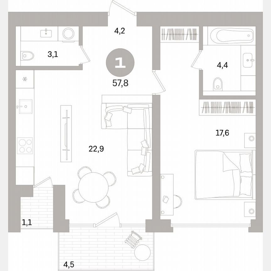 1-к. квартира, 57,7 м², 3/16 эт.
