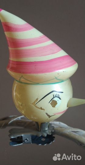 Елочная игрушка СССР Буратино на прищепке 1958 г