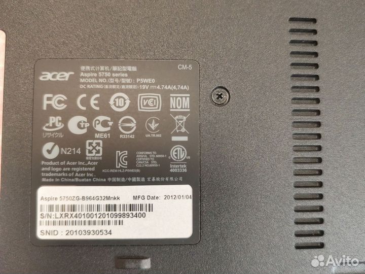 Ноутбук acer Aspire 5750, P5WE0