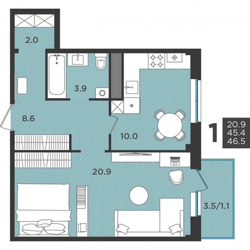 1-к. квартира, 46,5 м², 2/3 эт.