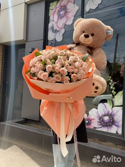 Кстовые розы. Мишка. Букет роз