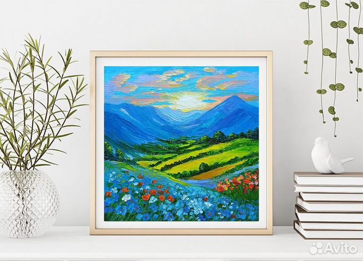 Картина маслом пейзаж, горы, цветы, холст 20х20см