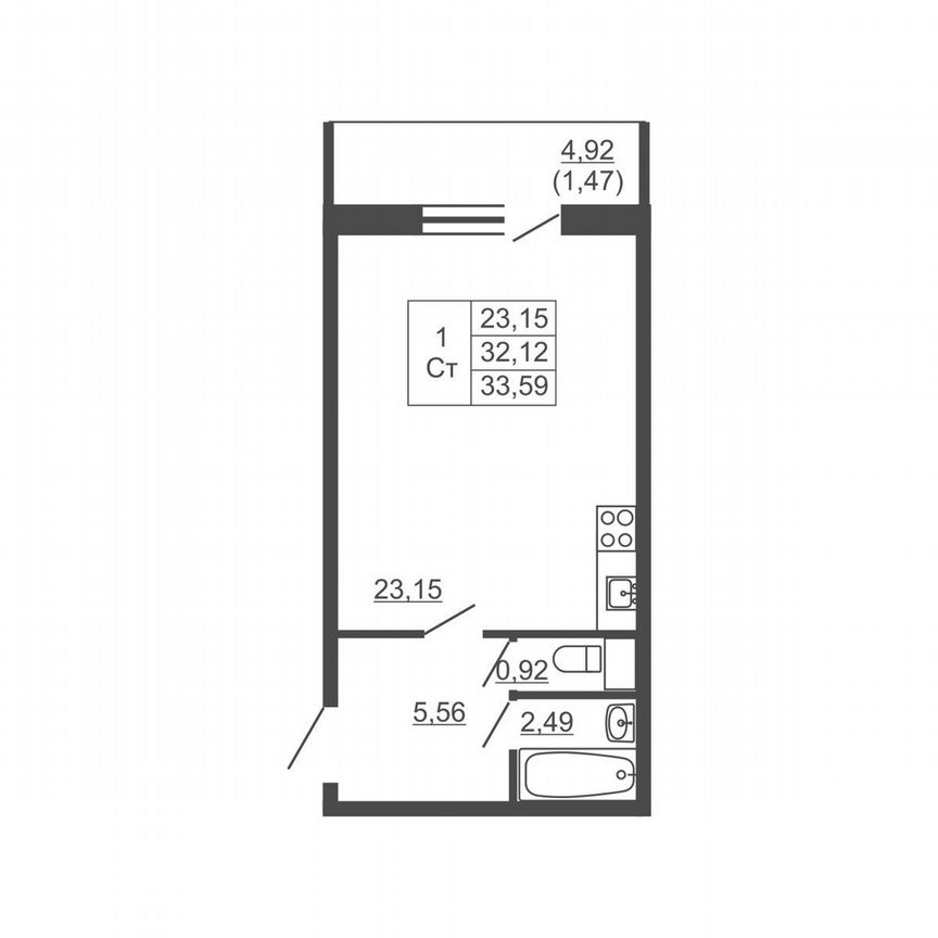 Квартира-студия, 33,6 м², 9/16 эт.