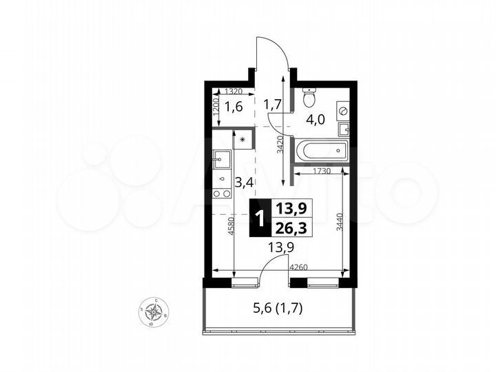 Квартира-студия, 26,3 м², 5/9 эт.