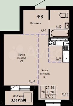 Своб. планировка, 37,8 м², 14/20 эт.