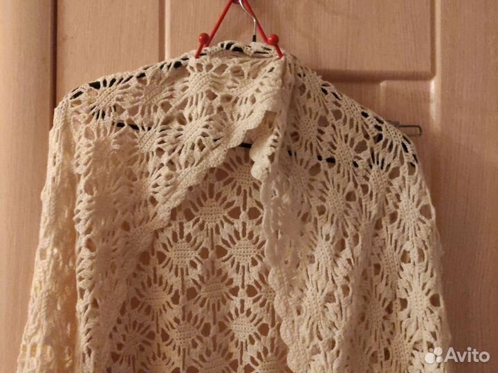 Платок ажурный палантин. Бело- бежевый