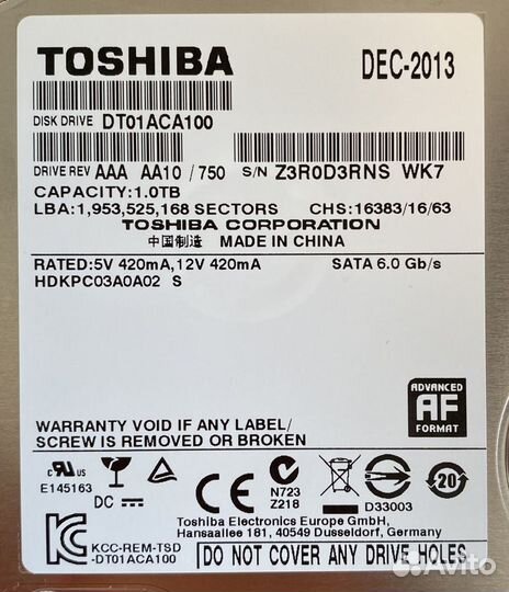 Жесткий диск (HDD) 1 TB 3.5 Toshiba DT01ACA100