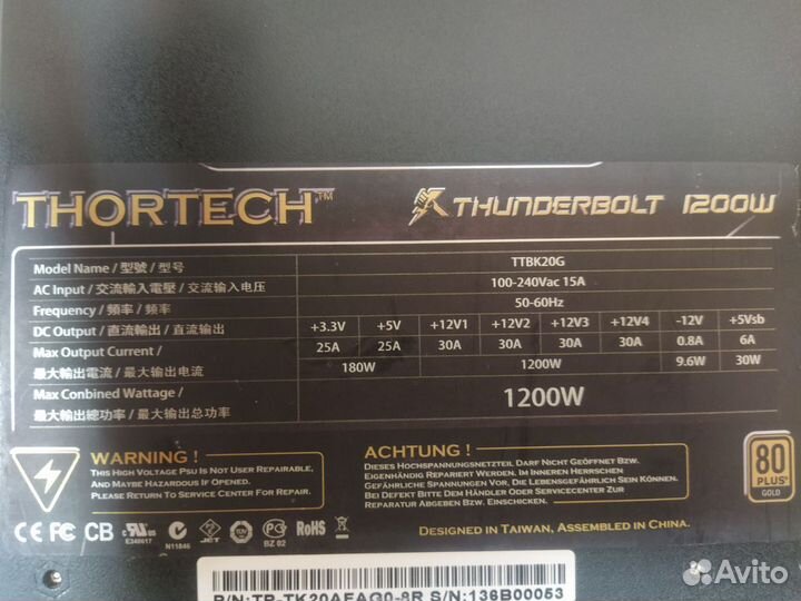 Блок питания thortech Thunderbolt 1200w