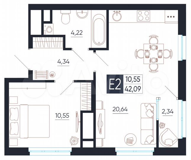 2-к. квартира, 42,1 м², 22/25 эт.