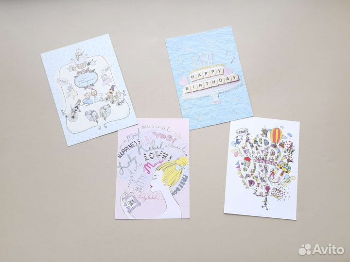 Открытки мини карточки на День Рождения 4 шт