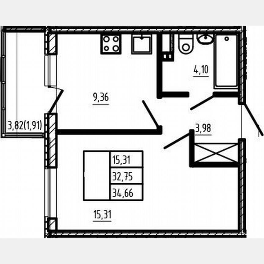 1-к. квартира, 32,8 м², 3/4 эт.
