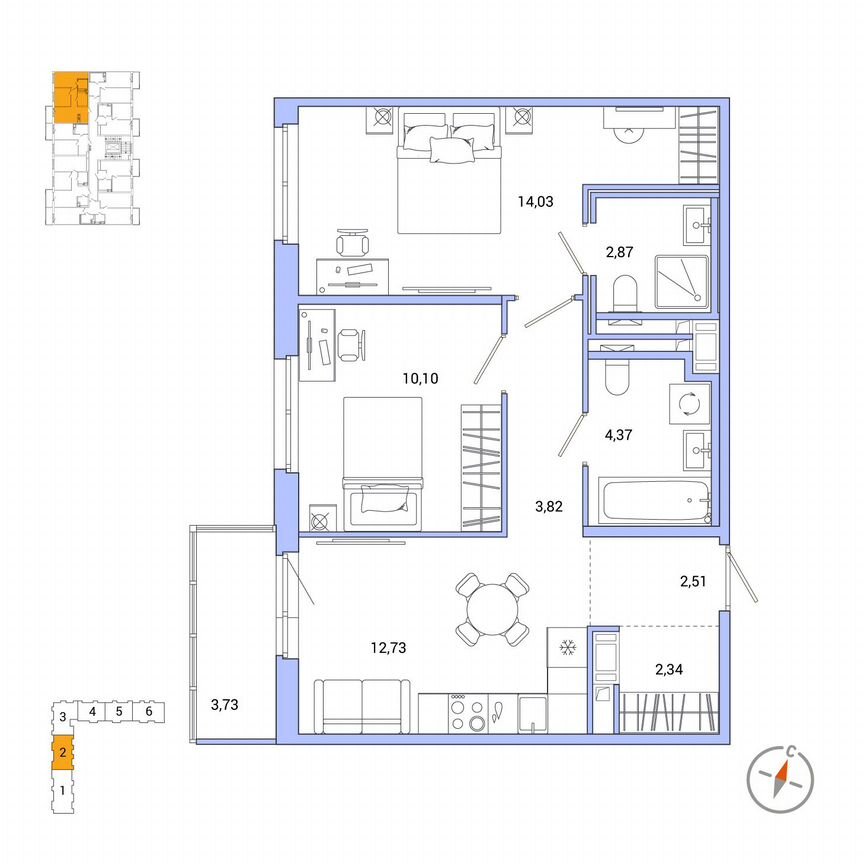 2-к. квартира, 53,9 м², 3/7 эт.