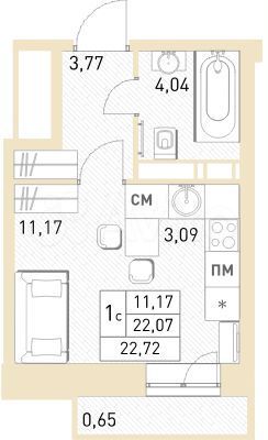Квартира-студия, 22,7 м², 11/17 эт.