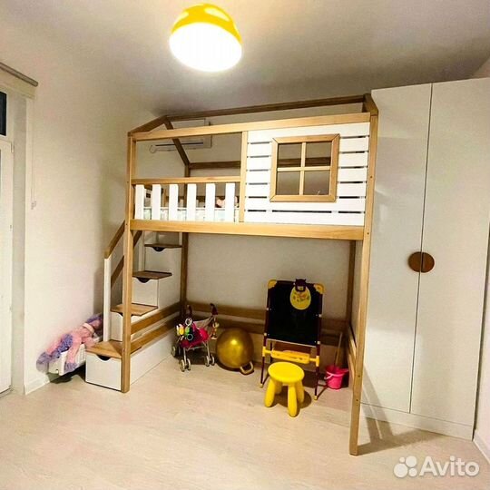 Детская кровать чердак домик со шкафом снизу