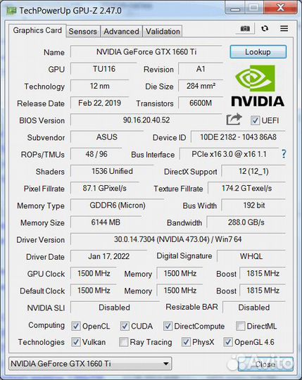 Видеокарта Asus GTX 1660 TI