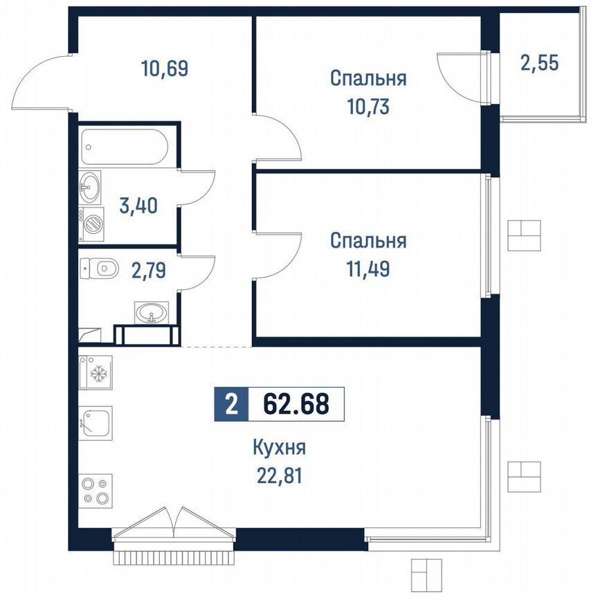 2-к. квартира, 61,9 м², 16/18 эт.