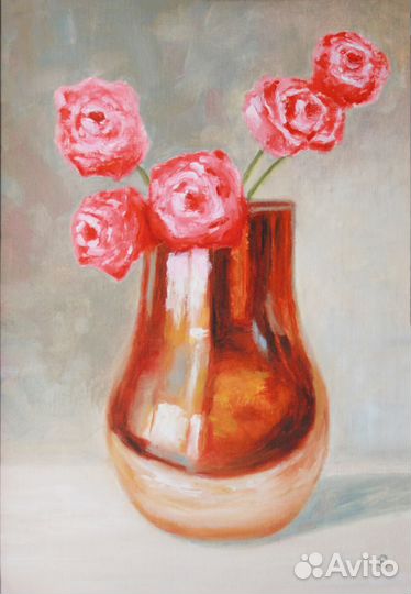 Картина маслом цветы букет роз 30 на 21 см