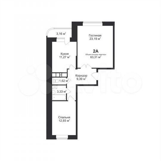 2-к. квартира, 63,3 м², 2/9 эт.