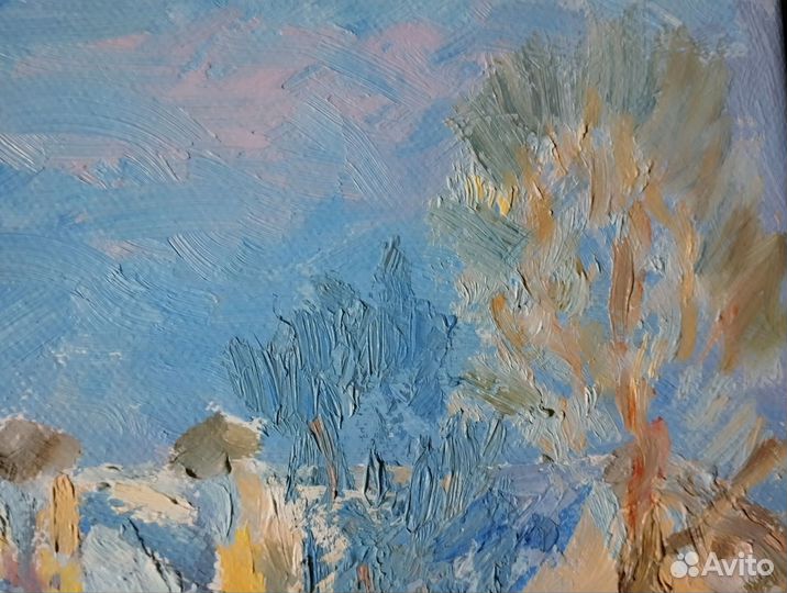 Картина маслом городской пейзаж, зимний дворик