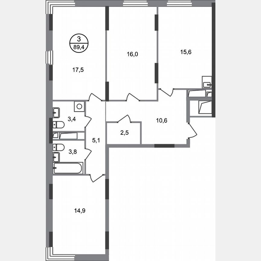3-к. квартира, 89,4 м², 16/17 эт.