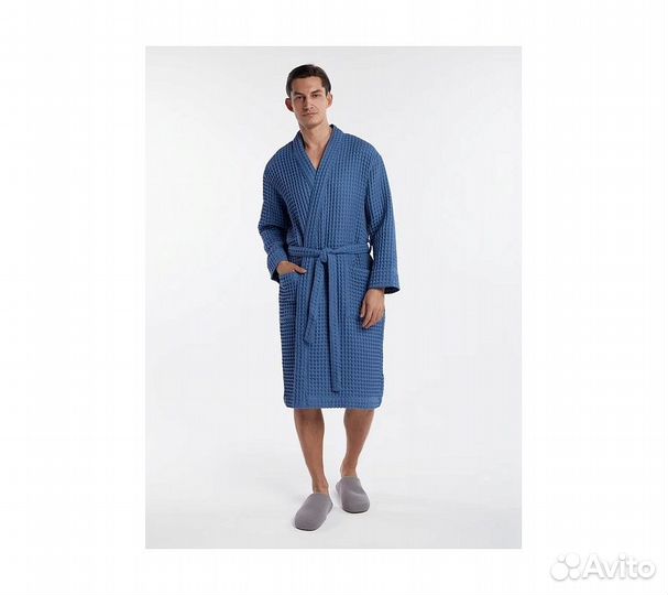 Халат вафельный мужской Home One голубой джинс 60